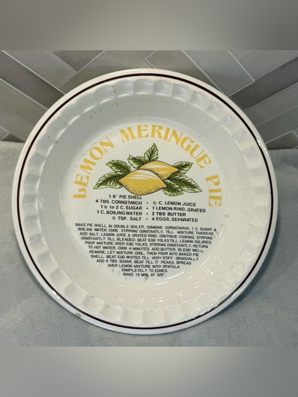 Vintage 1970s /1980s Ceramic Fluted Recipe Pie Plate Lemon Meringue Pie Recipe